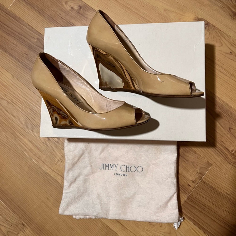 100% authentic jimmy choo bacon wedge, nude and gold